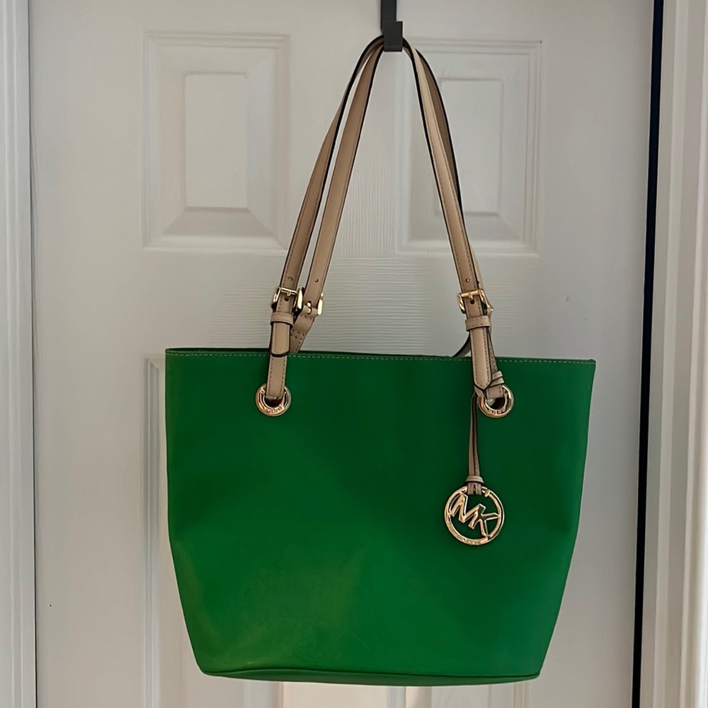 Michael Kors Vibrant Green Tote with Beige Straps